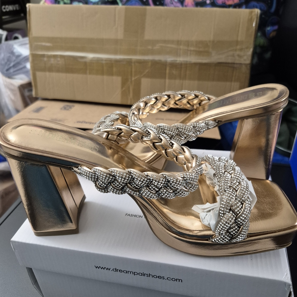 Dream Pairs Gold Braided Rhinestone Block Heel Sandals